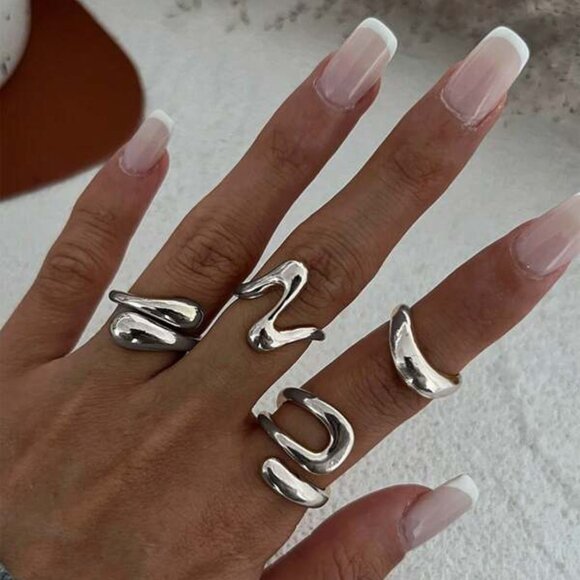 Abstract Wave Statement Ring Set | Sterling Silver | One Size Adjustable - Picture 1 of 2